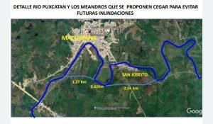 Imagen de solución a las inundaciones de Macuspana al Cegar meandros contiguos pero separados, mediante 2 canales nuevos, uno de 1.27 Km de Longitud y otro de 2.54 Km de largo, unidos por el extremo de un meandro ya existente donde se aprovecharan 0.62 Km, teniendo ahora ese tramo un total de 3.81 Km de largo por los 8.21 Km que ahora tiene.