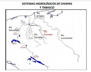 Imagen de los principales Sistemas Hidrológicos de Chiapas y de Tabasco, con la ubicación del Rio Puxcatán.