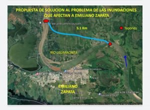 Imagen de la propuesta de solución a las inundaciones que afectan a Emiliano Zapata, al cegar la entrada y salida de 1 meandro que los afecta, y realizar 1 canal de 5.1 Km para inhabilitarlo.