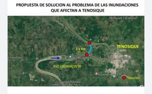 Imagen de la propuesta de solución a las inundaciones que afectan a Tenosique, al cegar la entrada y salida de 1 meandro que los afecta, y realizar 1 canal de 1.5 Km para inhabilitarlo.
