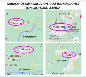Collage con las imágenes de 4 de los 11 municipios donde la única solución a las inundaciones ahí, son pozos letrina: Villahermosa, Cárdenas, Cunduacán y Teapa).