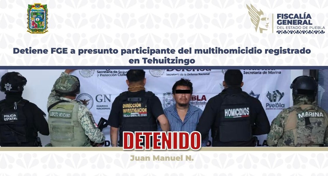 Un detenido por su presunta participación en el homicidio de diez personas en un rancho en Tehuitzingo 